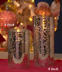 Moving Flame 6 Inch Silver Mercury Glass Flameless Cylinder Candle -Timer