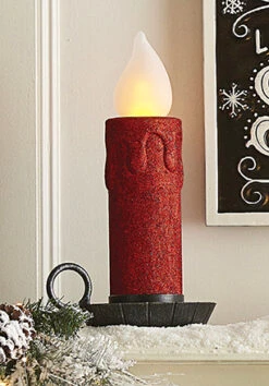 17.5 Inch Large Flickering Flame Red Glitter Christmas Candle