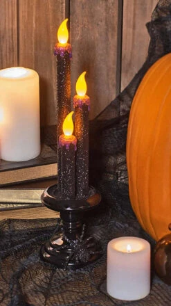 14.5 Inch LED Black Glitter Lighted Halloween Three Candelabra With Spider 8 14.5 Inch LED Black Glitter Lighted Halloween Three Candelabra With Spider -Decorative Candle Shop 133462 5