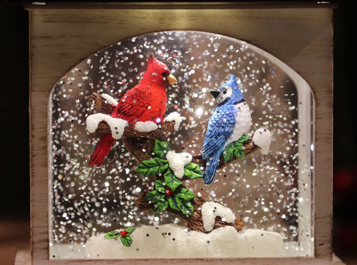 8.25 Inch Lighted Cardinal With Blue Jay Water Lantern In Swirling Glitter 4 8.25 Inch Lighted Cardinal With Blue Jay Water Lantern In Swirling Glitter - Image 2