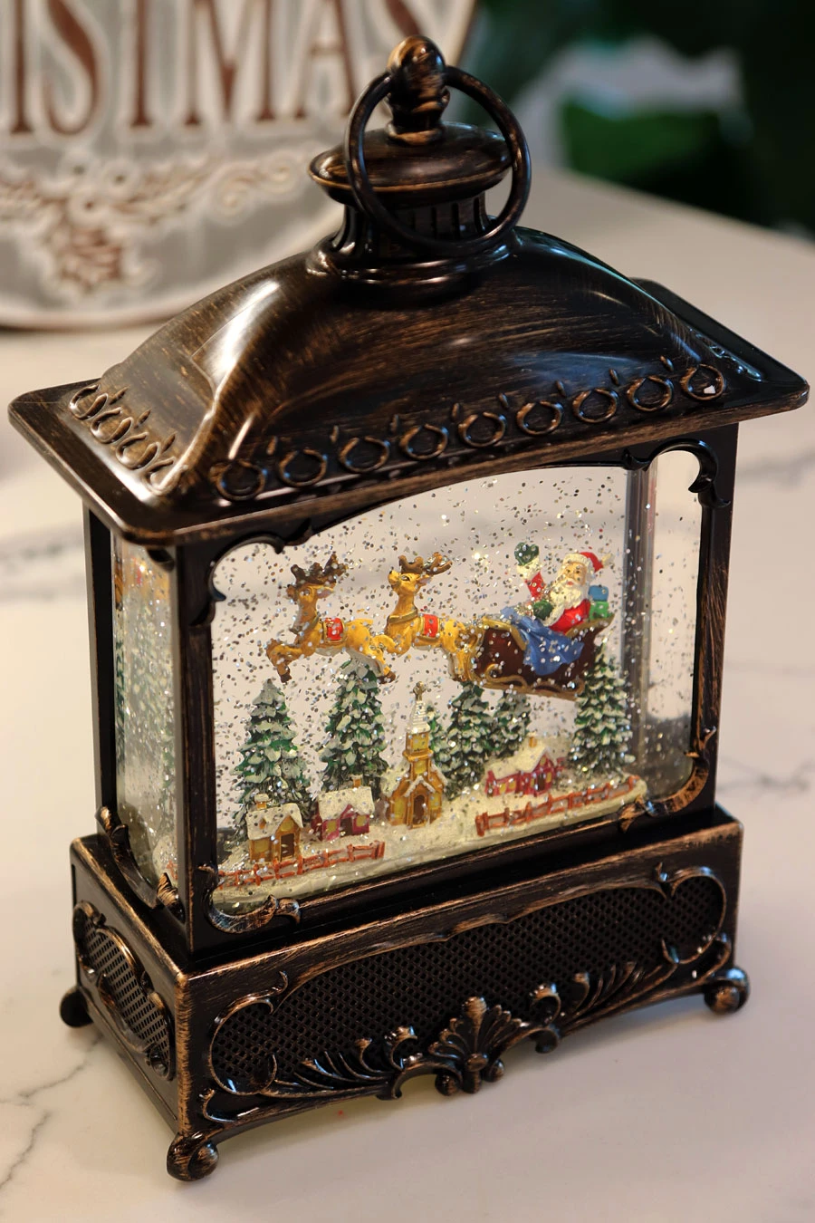 11 Inch Decorative Bronze Water Lantern With Flying Santa In Swirling Glitter 4 11 Inch Decorative Bronze Water Lantern With Flying Santa In Swirling Glitter - Image 2