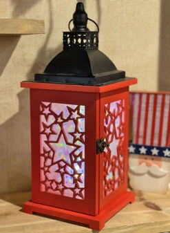 Red Battery Operated Lighted Wood & Metal Americana Hologram Lantern - 13 Inch