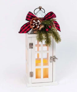 Windowpane Christmas Candle Lantern White Wood With Metal Top - Floral Accents 12.5 Inch -Decorative Candle Shop 2530160