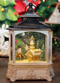 Lighted Water Lantern Nativity Scene With Optional Music Setting In Swirling Glitter