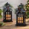 Set Of 2 Battery Operated Lighted Black Metal Holiday Lanterns With Floral Accents And Timer -Decorative Candle Shop 2558250 glam