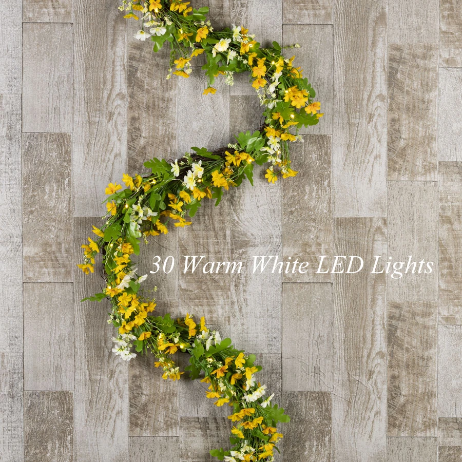 6 Foot Battery Operated Lighted Daisy Garland 30 Warm White LED - 6 Hour Timer 3 6 Foot Battery Operated Lighted Daisy Garland 30 Warm White LED - 6 Hour Timer
