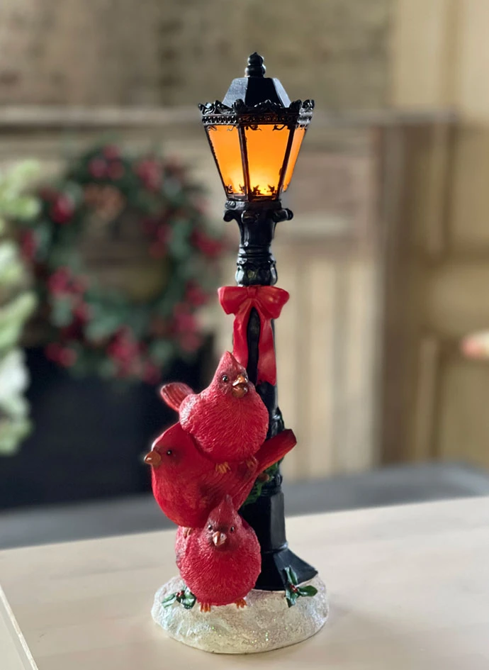 Battery Operated Lighted Resin Street Lamp With Cardinals - 14.5 Inch 3 Battery Operated Lighted Resin Street Lamp With Cardinals - 14.5 Inch
