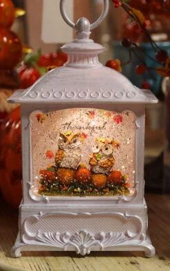 Owls Autumn Scene Lighted Fall Water Lantern With Swirling Glitter