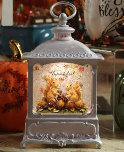 Squirrels And Acorns Lighted Fall Water Lantern With Swirling Glitter