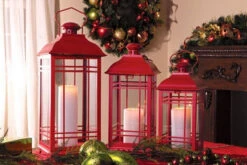 Set Of 3 Red Candle Lanterns - 14 - 17 - 20 Inch -Decorative Candle Shop 3 red lanterns holiday