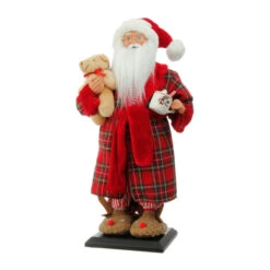 Tall 17.5 Inch Santa Figurine In Robe With Teddy And Hot Cocoa -Decorative Candle Shop 3615504