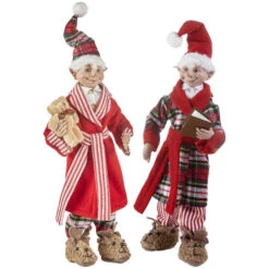 Set Of 2 Assorted 16 Inch Red And Plaid Ready For Bed Posable Elf Christmas Figures -Decorative Candle Shop 3902250 raz bedtime elfs
