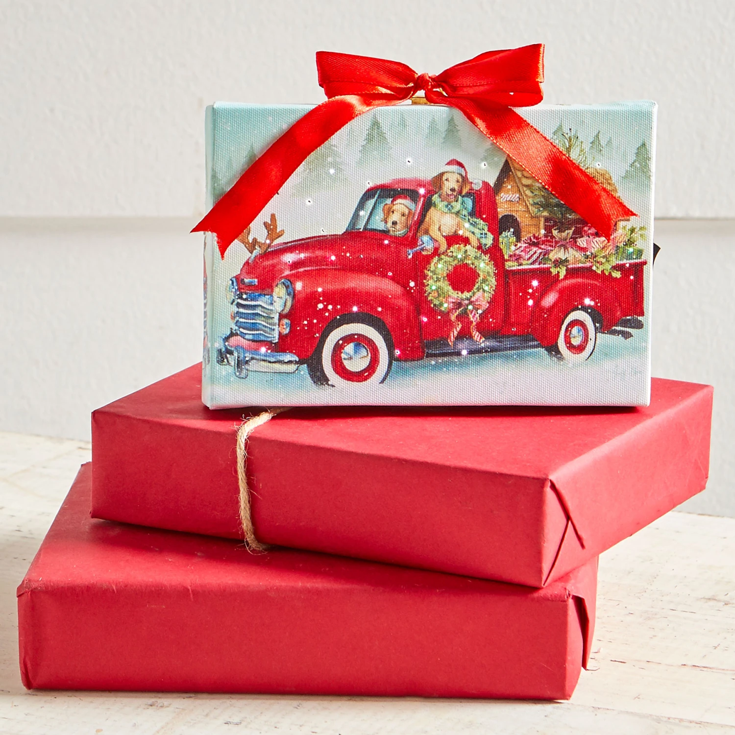 6 Inch Tabletop LED Lighted Print On Canvas - Dogs In A Red Truck With Stand 4 6 Inch Tabletop LED Lighted Print On Canvas - Dogs In A Red Truck With Stand - Image 2