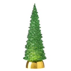 Green Lighted Tree Water Lantern Acrylic Snow Globe With Gold Base