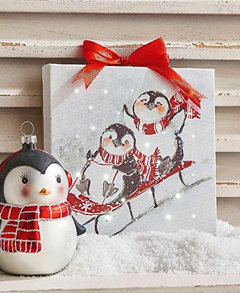 Sledding Penguins 6 Inch Tabletop LED Lighted Print On Canvas With Stand 3 Sledding Penguins 6 Inch Tabletop LED Lighted Print On Canvas With Stand