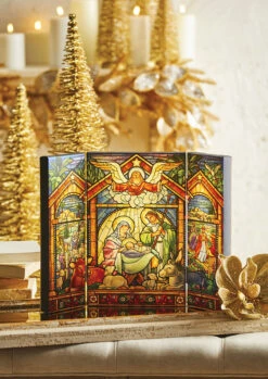 Nativity Faux Stained Glass Trifold Lighted Canvas Print - 18 Inch