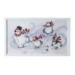 Ice Skating Snowman And Penguins Lighted Canvas Print White Wood Frame- 23.75 Inch
