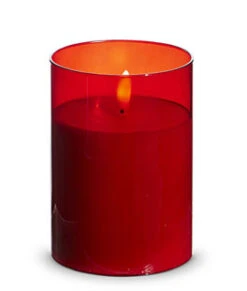 Red Glass Flameless Candle 3.5 Inch X 5 Inch Ivory Pillar - Remote Ready