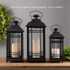 Set Of 3 Rubbed Oil Bronze Candle Lanterns - 14 - 17 - 20 Inch -Decorative Candle Shop 57349 indoors