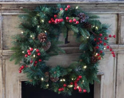 24 Inch Battery Operated Decorative Wreath - 30 LED's - Pine Cones And Red Berries -Decorative Candle Shop 75720 front image