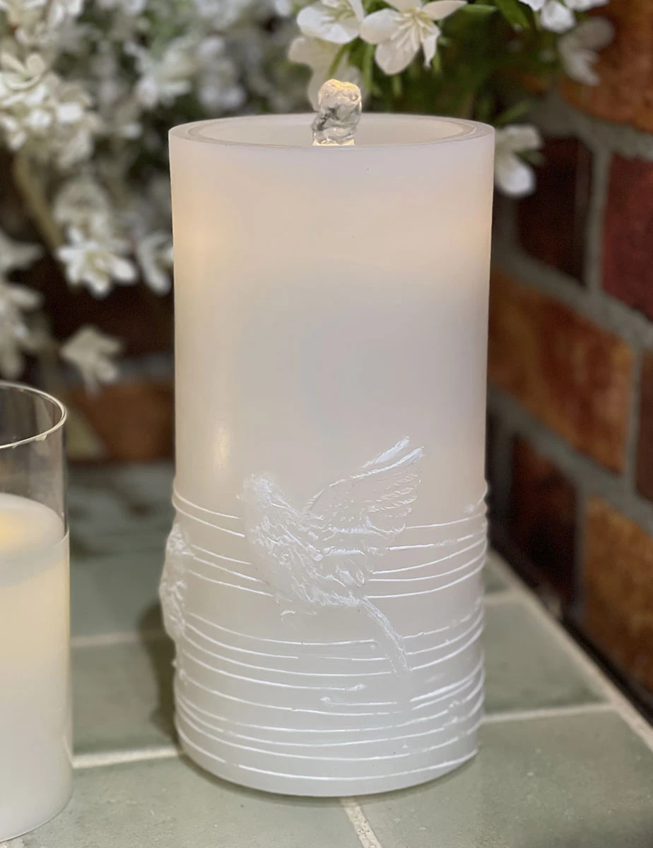 White Wax With Bird Design Aquaflame Fountain Candle - Remote Control Included - NEW 2023