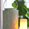 Rechargeable Lantern With Fire Glow Light Unit 12 Inch Green Enamel -Decorative Candle Shop Green 1 fireglow