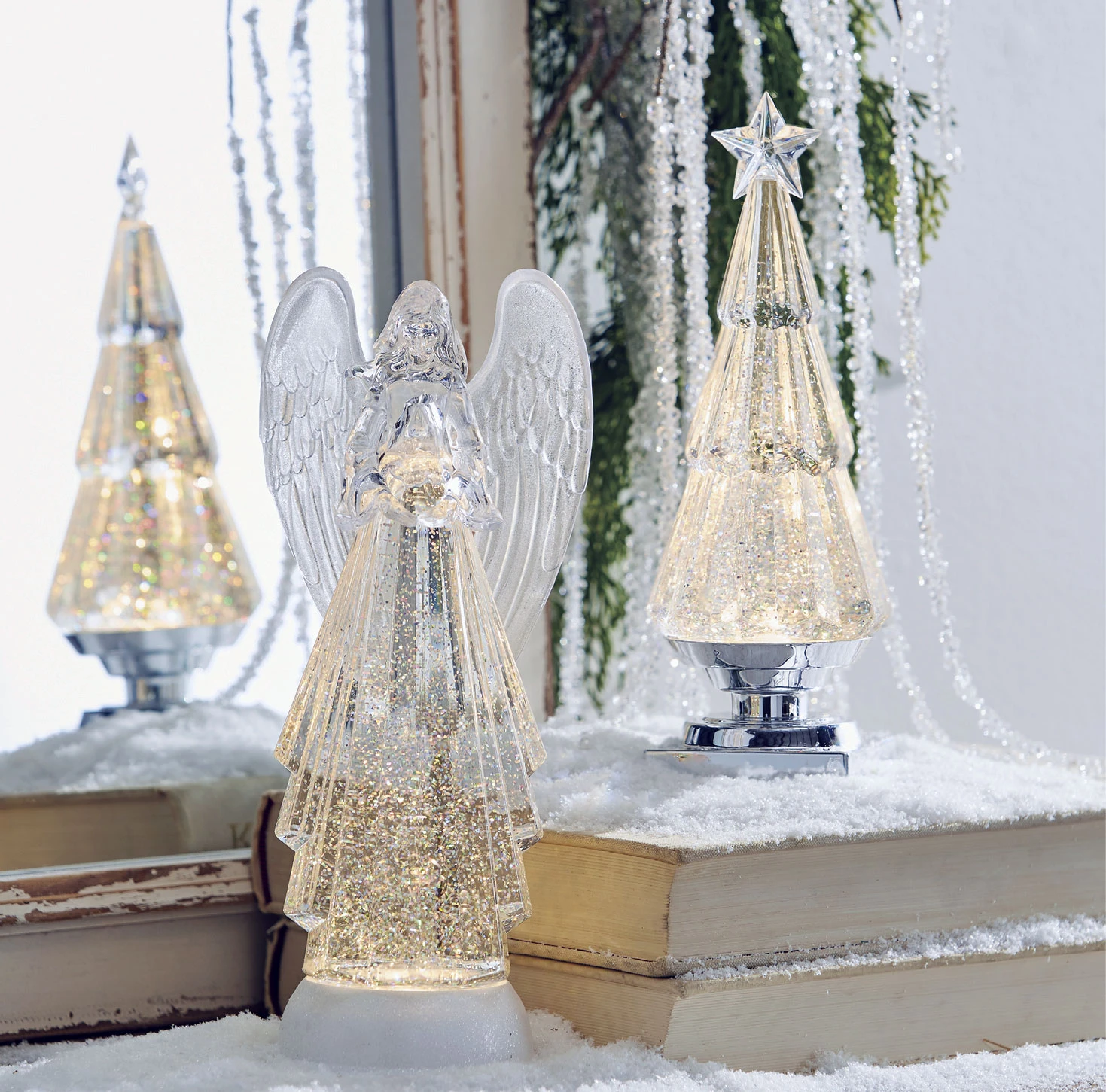 13 Inch Lighted Angel With Silver Swirling Glitter Water Lantern - Timer 4 13 Inch Lighted Angel With Silver Swirling Glitter Water Lantern - Timer - Image 2