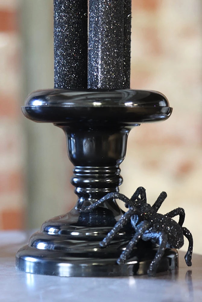 14.5 Inch LED Black Glitter Lighted Halloween Three Candelabra With Spider 4 14.5 Inch LED Black Glitter Lighted Halloween Three Candelabra With Spider - Image 2