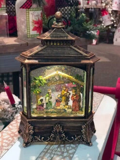 Nativity Scene Antique Bronze Lighted Water Lantern With Swirling Glitter - Plays Silent Night