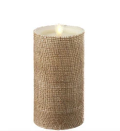 Moving Flame Burlap Wrapped Flameless Candle 3.5 X 7 Timer - Remote Ready