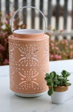 Rechargeable Lantern With Fire Glow Light Unit 12 Inch Coral Enamel 10 Rechargeable Lantern With Fire Glow Light Unit 12 Inch Coral Enamel -Decorative Candle Shop coral metal lantern 1