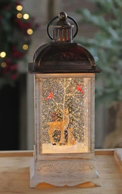 Deer Fox Owl And Cardinals Lighted Antique White Snow Globe With Swirling Glitter - Timer