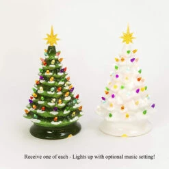 Set Of 2 Assorted Green Dolomite And White Dolomite Lighted Trees With Music Setting - 13.9 Inch