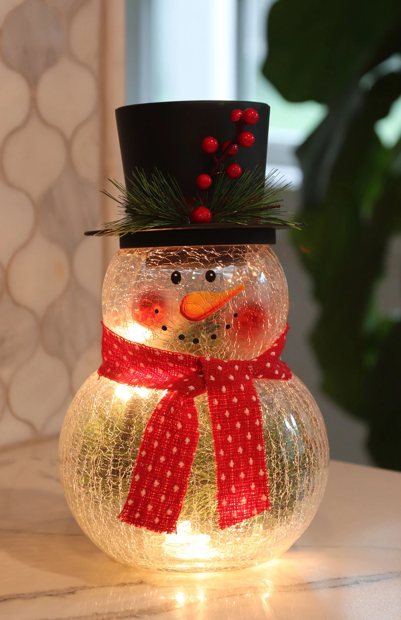 Crackle Glass Snowman Electric - 10 Inch 4 Crackle Glass Snowman Electric - 10 Inch - Image 2