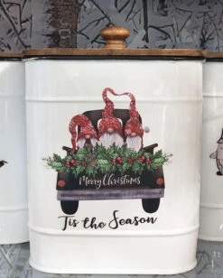 Gnome Design Canisters Metal With Wood Lids Set Of 4 Assorted -Decorative Candle Shop gnome 2