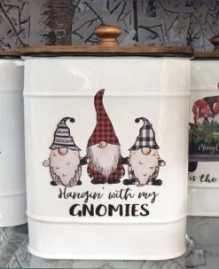 Gnome Design Canisters Metal With Wood Lids Set Of 4 Assorted -Decorative Candle Shop gnome 3