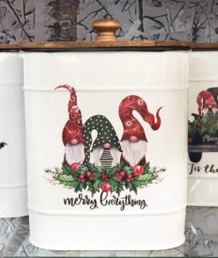 Gnome Design Canisters Metal With Wood Lids Set Of 4 Assorted -Decorative Candle Shop gnome 4