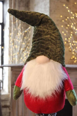 Holiday Gnome With Extendable Legs - Green Hat, Striped Legs - 46 Inch -Decorative Candle Shop gnome green hat side