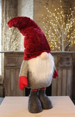 Holiday Gnome With Extendable Legs - Red Hat, Striped Legs - 46 Inch -Decorative Candle Shop gnome red hat side