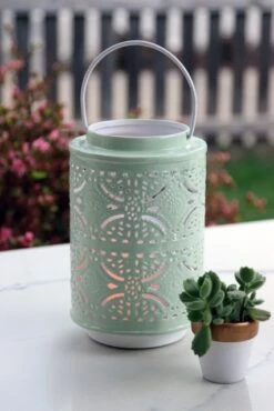 Rechargeable Lantern With Fire Glow Light Unit 12 Inch Green Enamel -Decorative Candle Shop green metal lantern 1