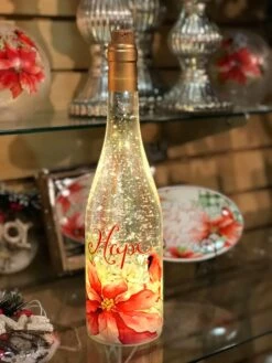 Lighted Wine Bottle With Swirling Glitter Hope Poinsettia Design With Cardinals Snow Globe