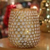 Gold And White Honeycomb Glass Votive With Lights - Battery Operated 5.5 Inch 2 Gold And White Honeycomb Glass Votive With Lights - Battery Operated 5.5 Inch -Decorative Candle Shop large gold and white votive holder