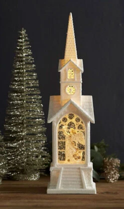 Angel Lighted Water Church In Swirling Glitter - 16.25 Inch