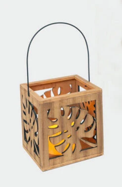Battery Operated Lighted Wood Cutout Tropical Design Lantern With LED Candle