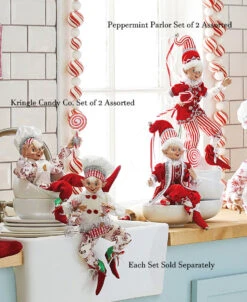 Peppermint Parlor 16 Inch Posable Elf Figurine, Set Of 2 Assorted NEW -Decorative Candle Shop peppermint and kringle