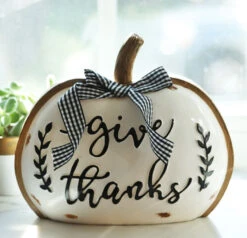 Set Of 3 Assorted Resin Harvest Pumpkin Signs With Black And White Checked Bow 8.2 Inch