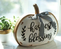 Set Of 3 Assorted Resin Harvest Pumpkin Signs With Black And White Checked Bow 8.2 Inch -Decorative Candle Shop pumpkin harvest blessings