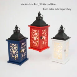 Red Battery Operated Lighted Wood & Metal Americana Hologram Lantern - 13 Inch -Decorative Candle Shop red white and blue lanterns 2