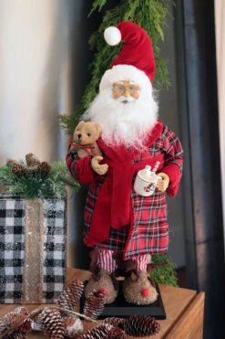Tall 17.5 Inch Santa Figurine In Robe With Teddy And Hot Cocoa