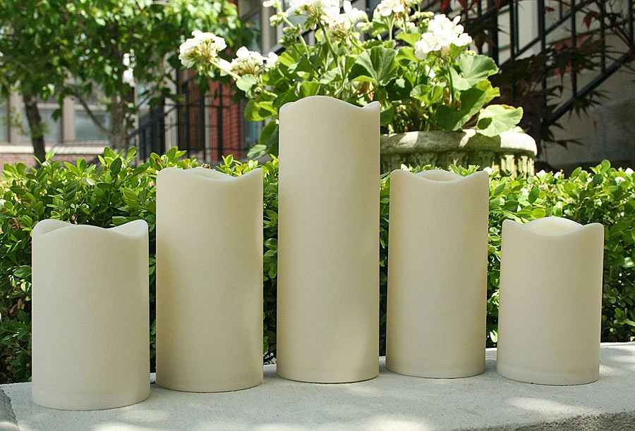 Set Of 5 Flameless Outdoor Bisque Resin Candles - 5 Hour Timer Batteries Included 3 Set Of 5 Flameless Outdoor Bisque Resin Candles - 5 Hour Timer Batteries Included